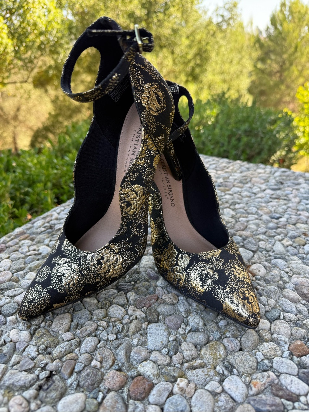 Christian Siriano Black and Gold Brocade Pointed Toe Ankle-Strap Heels